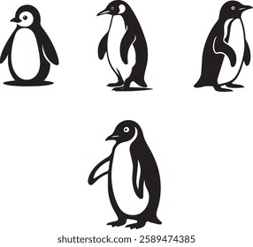 A set of black and white penguin illustrations showcasing various poses