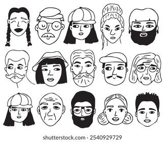 Set of black white people faces line set. Vector hand drawn illustration of young and old men and women, girls and boys on white background