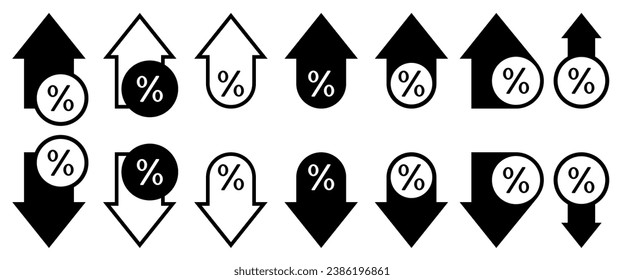 Satz schwarz-weißer Prozentpfeile. Erhöhen und verringern, Wachstum und reduzieren Konzept. Prozent Symbol. Die Pfeile zeigten auf und ab. Finanz-, Stock-, Geschäftsgewinn, Fortschritt, Verlust. Steigen und fallen