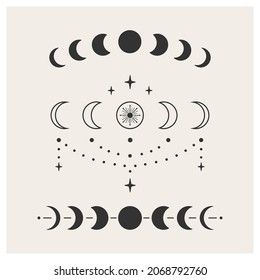 Set of black and white phases of the moon. Celestial objects. Trend vector illustration