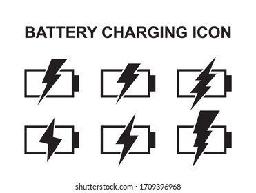 Set of black and white phone battery charging icon. Mobile charge vector illustration, recharge symbol, energy or electric car charge station sign