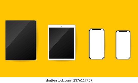 Set of black and white Phone and tablet isolated on yellow background ,  Flat Modern design , Illustration Vector  EPS 10