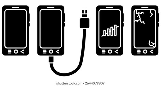Set of black and white phones icons showing various phone states including charging, signal strength, and broken screen in minimal flat design.