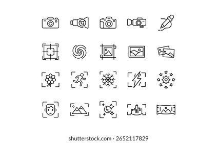 A set of black and white photography and editing icons, including cameras, lenses, focus, editing tools, and various scene modes.