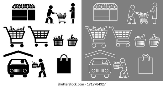 Set of black or white pictograms around purchases made in supermarkets. 