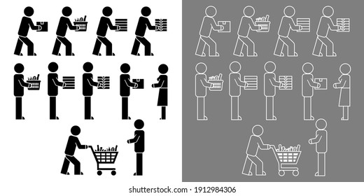 Set of black or white pictograms of different delivery people bringing products to consumers. 