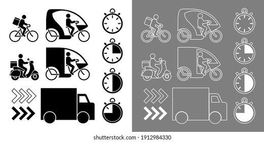 Set of black or white pictograms of different means of transport and stopwatches showing delivery speed. 