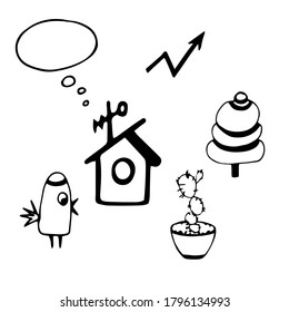 A set of black and white pictures on the theme of nature, birds, cacti, houses. Free space for insertion. Design for a logo.