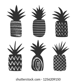 Set of black and white pineapples. Cute fruit with texture. Scandinavian style. Tropical vector illustration.