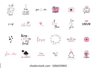 set of black, white and pink love lettering, for valentines day design poster, greeting card, photo album, banner, calligraphy vector illustration collection. vector illustration