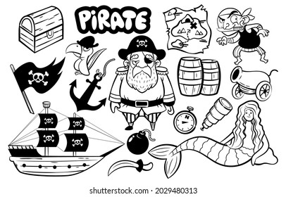 set of black and white Pirate life mythology cartoon characters, treasure hunter, golden age of piracy, best for wallpaper, background, and decoration with pirates life themes for children