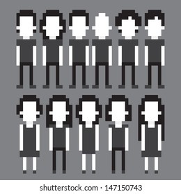 Set of black and white pixel art people icons, vector illustration