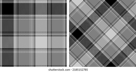 Set black and white plaid seamless pattern. Modern fashion straight and oblique cage herringbone texture wallpaper. Vector graphics of printing on fabrics, shirts, textiles, curtains.