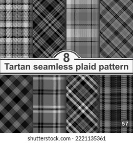 Set black and white plaid seamless pattern. Modern fashion straight and oblique cage texture wallpaper. Vector graphics of printing on fabrics, shirts, textiles, curtains.