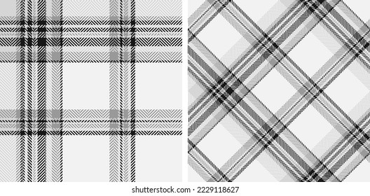 Set black and white plaid seamless pattern. Modern fashion straight and oblique cage herringbone texture wallpaper. Vector graphics of printing on fabrics, shirts, textiles, curtains.