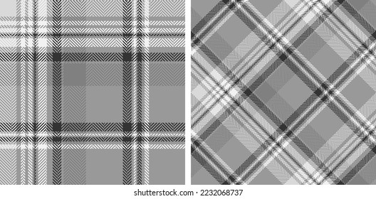 Set black and white plaid seamless pattern. Modern fashion straight and oblique cage herringbone texture wallpaper. Vector graphics of printing on fabrics, shirts, textiles, curtains.