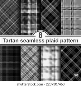 Set black and white plaid seamless pattern. Modern fashion straight and oblique cage texture wallpaper. Vector graphics of printing on fabrics, shirts, textiles, curtains.