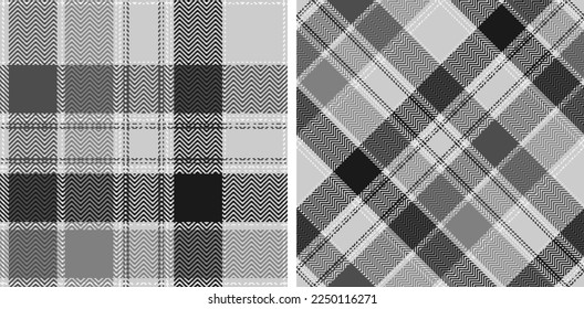 Set black and white plaid seamless pattern. Modern fashion straight and oblique cage herringbone texture wallpaper. Vector graphics of printing on fabrics, shirts, textiles, curtains.