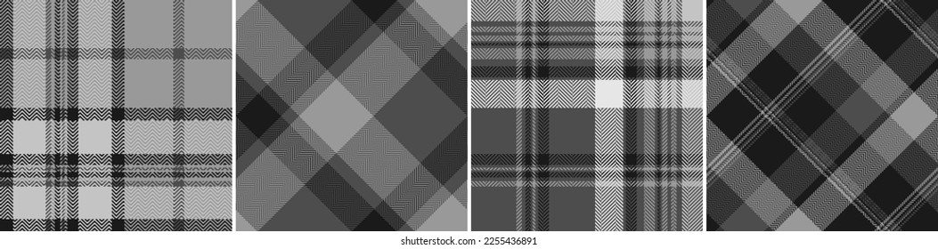 Set black and white plaid seamless pattern. Modern fashion straight and oblique cage herringbone texture wallpaper. Vector graphics of printing on fabrics, shirts, textiles, curtains.