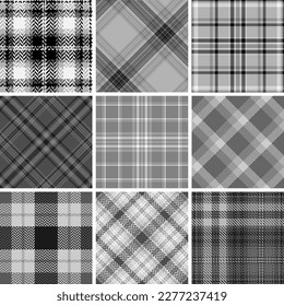 Set black and white plaid seamless pattern. Modern fashion straight and oblique cage texture wallpaper. Vector graphics of printing on fabrics, shirts, textiles, curtains.