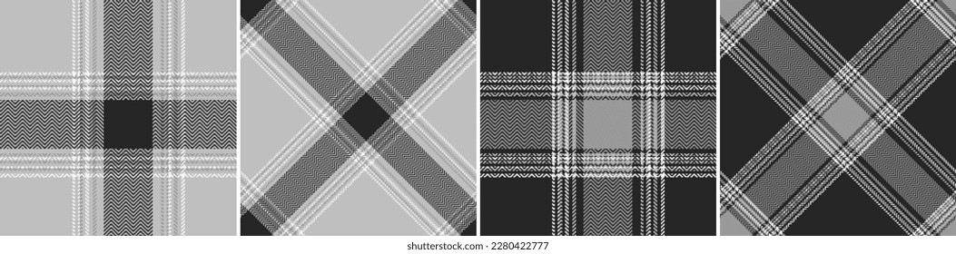 Set black and white plaid seamless pattern. Modern fashion straight and oblique cage herringbone texture. Vector graphics of printing on fabrics, shirts, textiles, curtains.