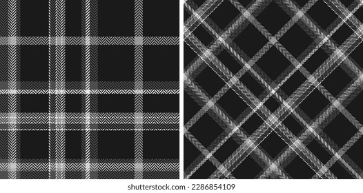 Set black and white plaid seamless pattern. Modern fashion straight and oblique cage herringbone texture. Vector graphics of printing on fabrics, shirts, textiles, curtains.
