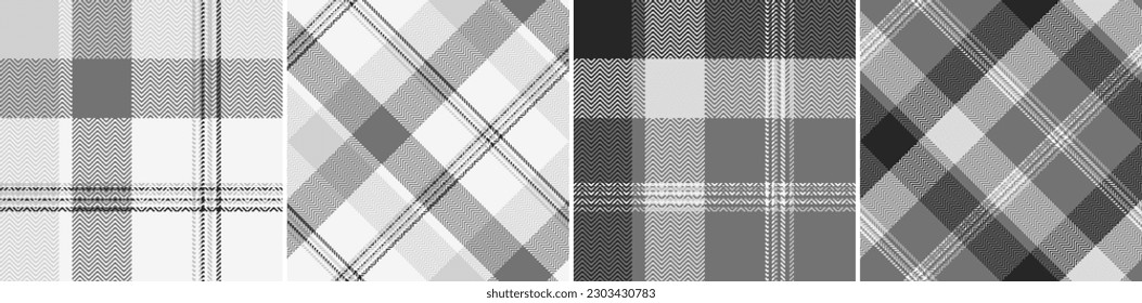 Legen Sie nahtloses Muster in Schwarzweiß fest. Moderne Mode gerade und oblique Käfig Herringbone Textur. Vektorgrafiken zum Bedrucken von Stoffen, Hemden, Textilien, Vorhängen.