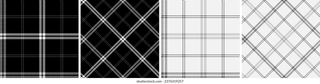 Set black with white plaid seamless vector pattern. Straight and oblique cage pixel texture. Scottish background. Printing on shirts, textiles, curtains and other of fabric. 