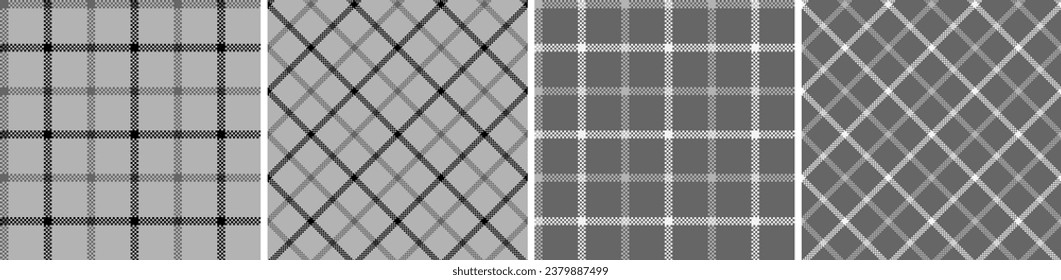 Set black with white plaid seamless vector pattern. Straight and oblique cage pixel texture. Scottish background. Printing on shirts, textiles, curtains and other of fabric. 