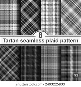 Set black and white plaid seamless pattern. Modern fashion straight and oblique cage texture wallpaper. Vector graphics of printing on fabrics, shirts, textiles, curtains.