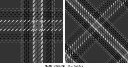 Set black and white plaid seamless pattern. Modern fashion straight and oblique cage texture wallpaper. Vector graphics of printing on fabrics, shirts, textiles, curtains.