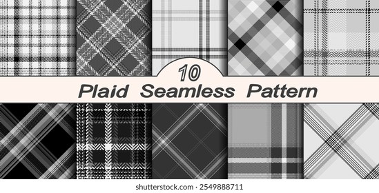 Set black and white plaid seamless pattern. Modern fashion straight and oblique cage texture wallpaper. Vector graphics of printing on fabrics, shirts, textiles, curtains.