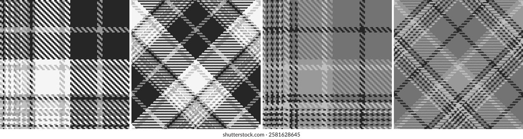 Set black with white plaid seamless vector pattern. Straight and oblique cage pixel texture. Scottish background. Printing on shirts, textiles, curtains and other of fabric. 