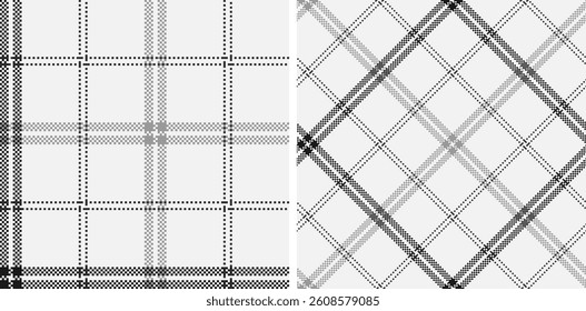 Set black with white plaid seamless vector pattern. Straight and oblique cage pixel texture. Scottish background. Printing on shirts, textiles, curtains and other of fabric. 