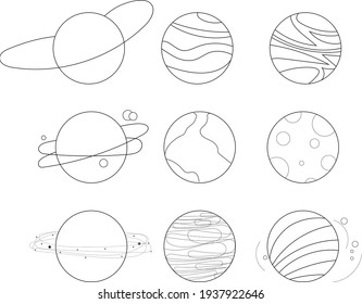 Set of black and white planets with different shapes and designs. Vector of planets of different types that can be colored.