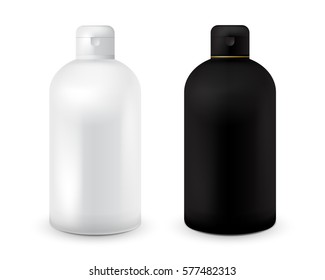 Set of black and white plastic bottle template for shampoo, shower gel, lotion, body milk, bath foam. Ready for your design. Realistic cosmetic container for lotion. Mock up bottle