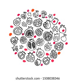 Set with black and white pomegranates and colorful ruby grains - different forms and styles, doodle hand drawn painting,  bicolor. Decoration for paper  design or textile. Fruit set