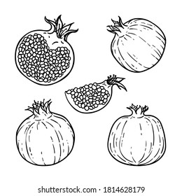 Set of Black and white pomegranates. Healthy vegetarian food. Cartoon comics style with contour. Decoration for greeting cards, posters, patches, prints for clothes, emblems