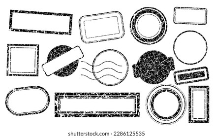 Set of black and white post stamps without text. Grunge shabby effect. Old blank postal stamps and postmarks. Collection of rubber stamp frames on white background. Vector illustration