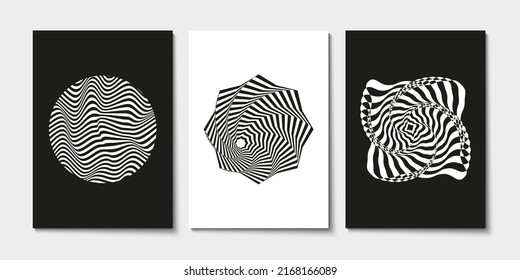 Set of black and white poster with geometric shapes. Abstract background with liquid wavy lines art. Op art design.