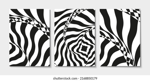 Set of black and white poster with geometric shapes. Abstract background with liquid wavy lines art. Op art design.
