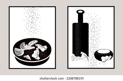 	
Ein Satz schwarz-weißer Plakate für die Innenausstattung der Küche. Poster mit Salat, Öl, Pfeffer und Salzmuster. Minimalismus.