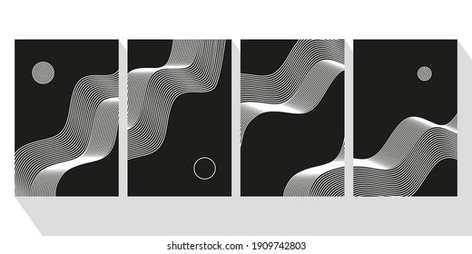 Set of black and white posters with vibrant line waves. Optical illusion. Squiggle thin curves. Minimal modern monochrome art. Abstract tech striped graphics.