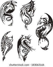 Set of black and white powerful dragons. Vector illustration.
