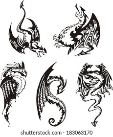 Set of black and white powerful dragons. Vector illustration.