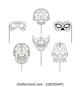 Set of black and white props in the form of skulls for a photo session on an isolated background. Vector illustration