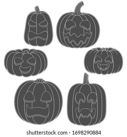 Set of black and white pumpkins with carved faces for Halloween. Isolated vector objects on a white background.