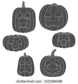 Set of black and white pumpkins with faces for Halloween. Isolated vector objects on a white background.
