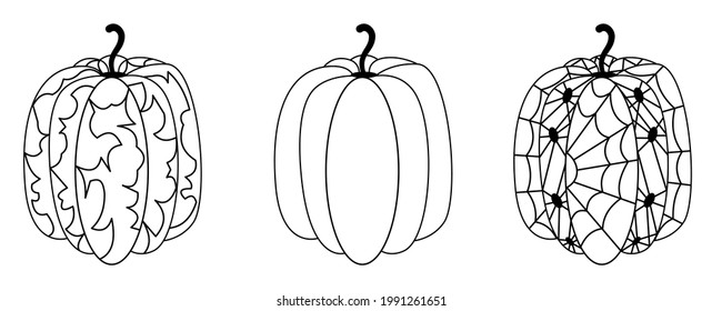 Set black and white pumpkins Halloween. Contoured pumpkins with abstract pattern, with spiders and cobwebs, simple. Vector illustration in a simple outline style for Halloween holiday, decoration.