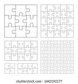 Set of black and white puzzle pieces. Has different sizes namely 100, 15, 25, 9, 4, 8 pieces. Line mackup - stock vector.